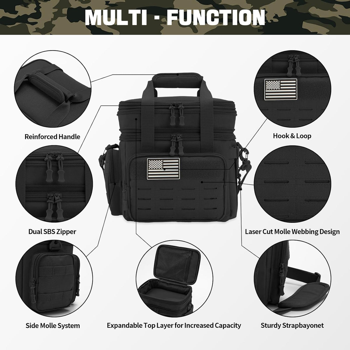 Black tactical bag with features highlighted on a white background