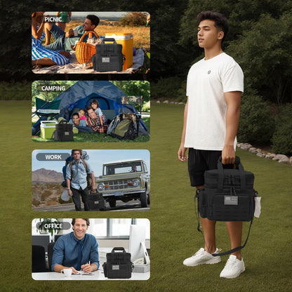Person holding a black bag with various scenarios depicted including a picnic, camping, work, and office.