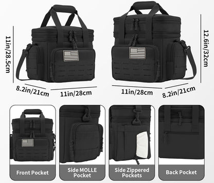 Black tactical bag with various compartments and an American flag patch, shown with measurements and feature highlights.