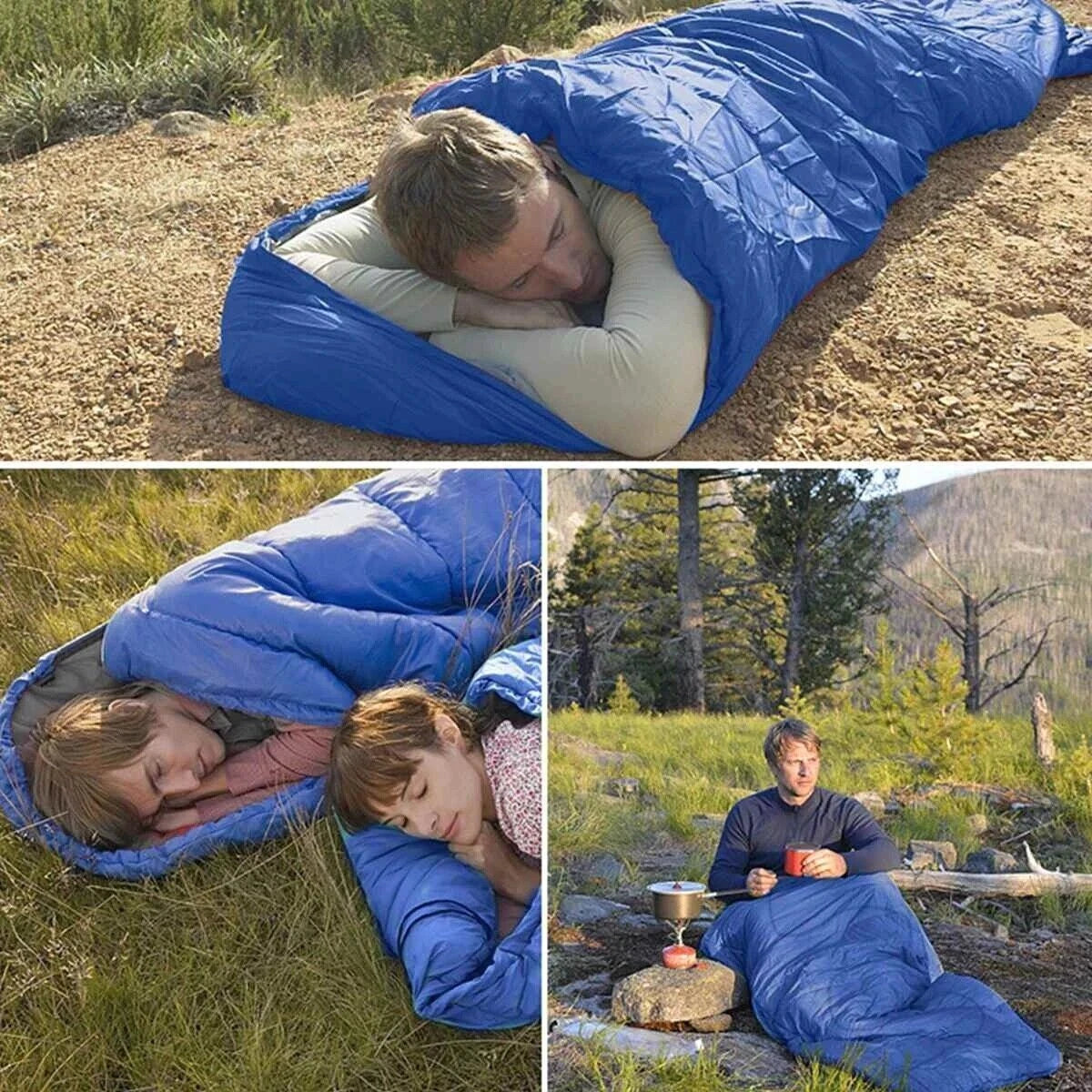 A three-panel lifestyle collage showing a blue camping sleeping bag in use outdoors. The top panel shows a man sleeping in the bag on dry grass.