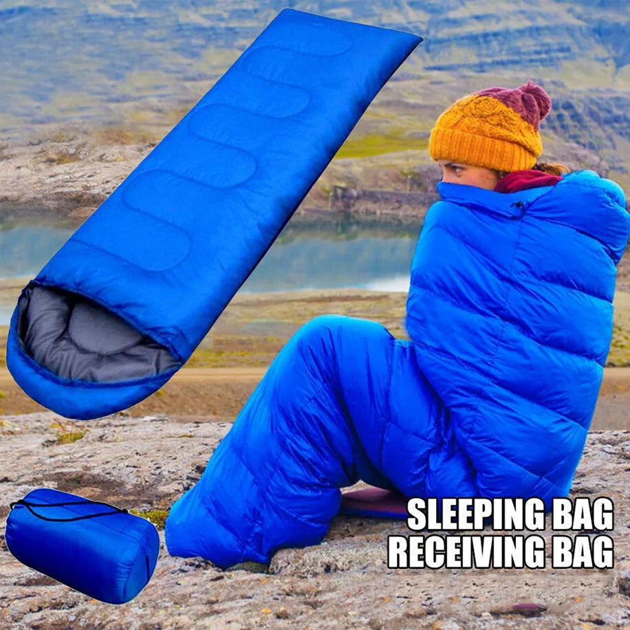 A bright blue sleeping bag shown both laid open and packed into a matching blue receiving bag, with a person wrapped in a blue sleeping suit sitting outdoors near a lake. Large text at the bottom reads 'SLEEPING BAG RECEIVING BAG'.