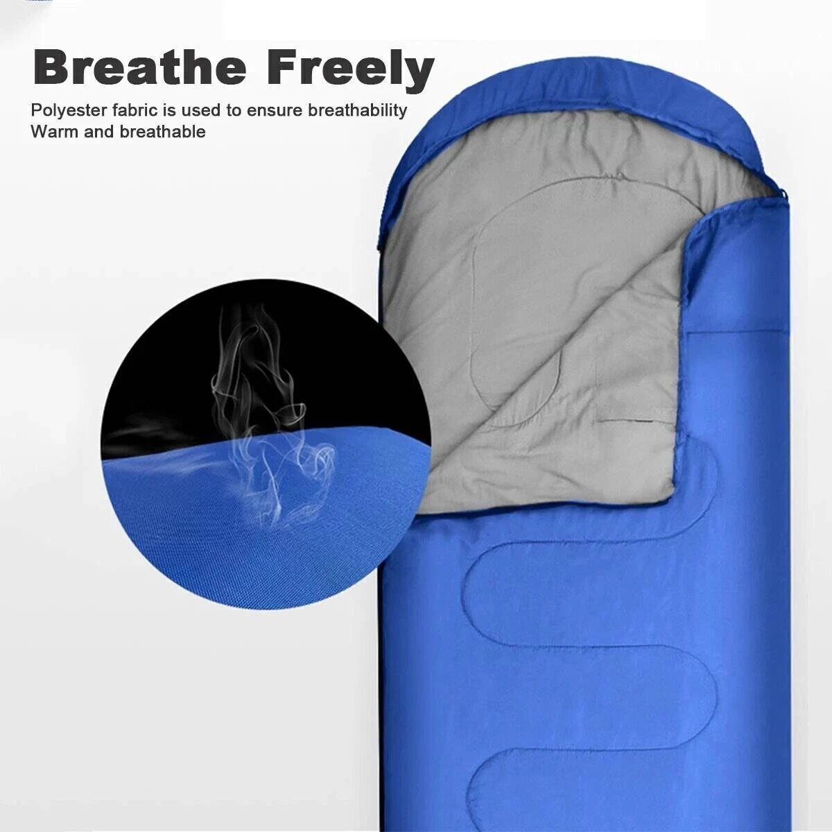 Blue sleeping bag with a gray interior shown on a white background, with marketing text reading 'Breathe Freely' and a circular inset demonstrating breathable fabric.