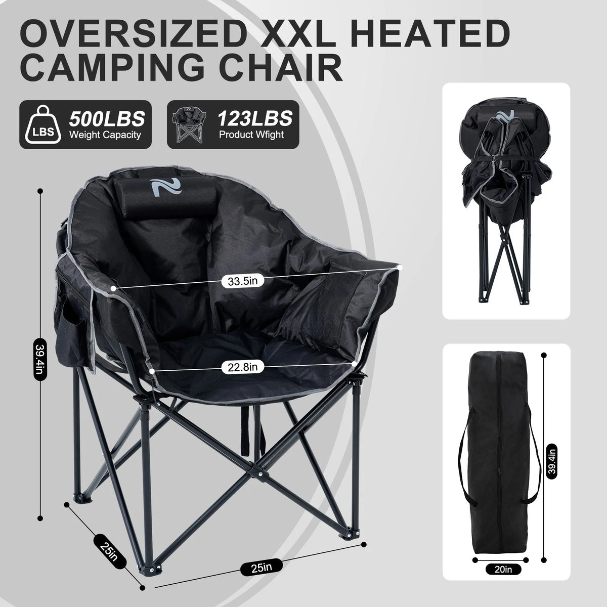 Black oversized XXL heated camping chair with measurements and product details on a gray background