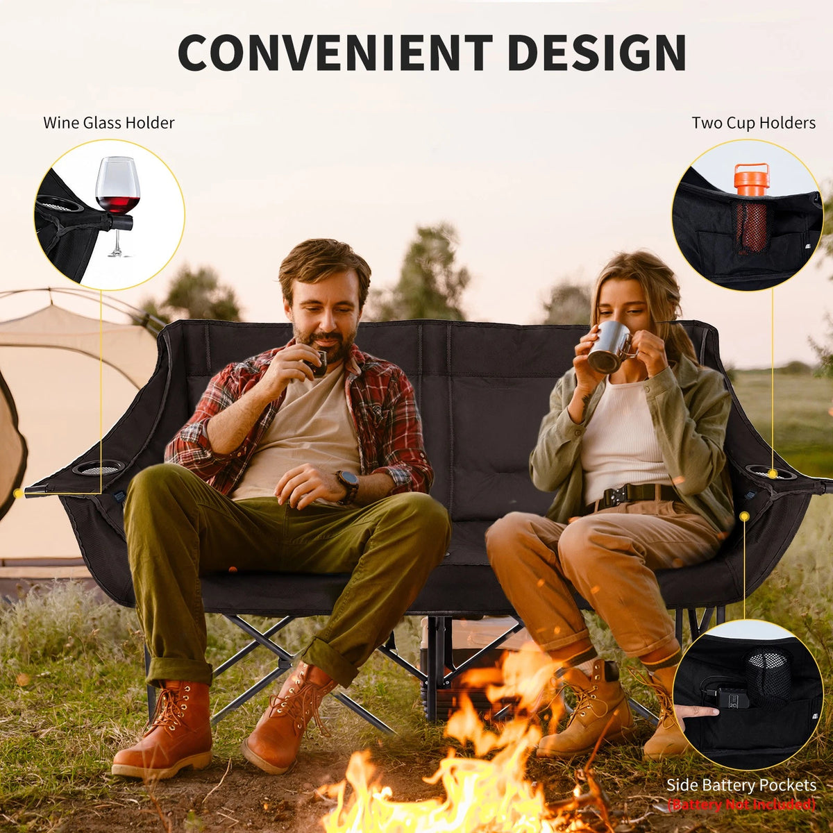 A camping folding chair shown outdoors with two people sitting on it near a fire, plus callout circles highlighting features such as a wine glass holder, two cup holders, and side battery pockets. Large text at the top reads 'CONVENIENT DESIGN'.