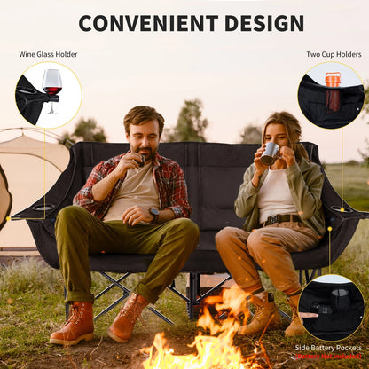A camping folding chair shown outdoors with two people sitting on it near a fire, plus callout circles highlighting features such as a wine glass holder, two cup holders, and side battery pockets. Large text at the top reads 'CONVENIENT DESIGN'.