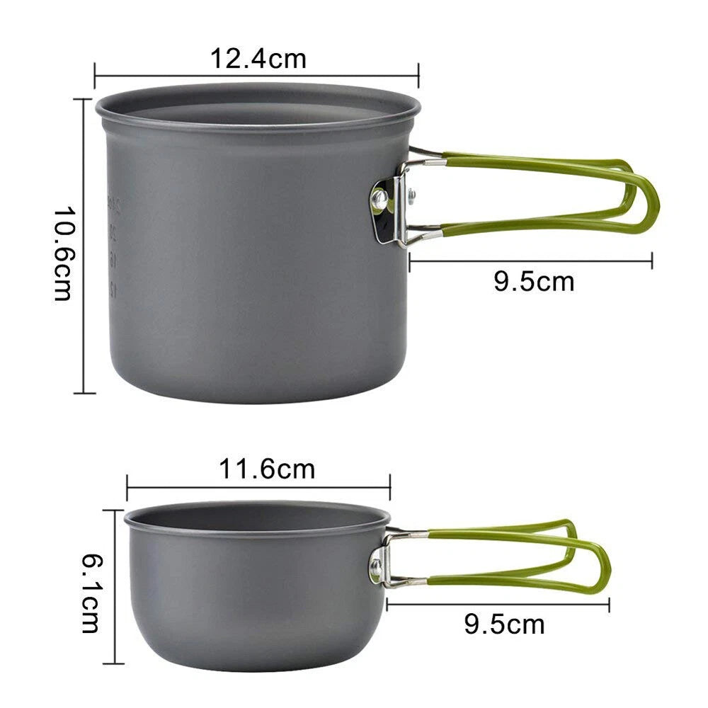 Camping pots with dimensions labeled on a white background