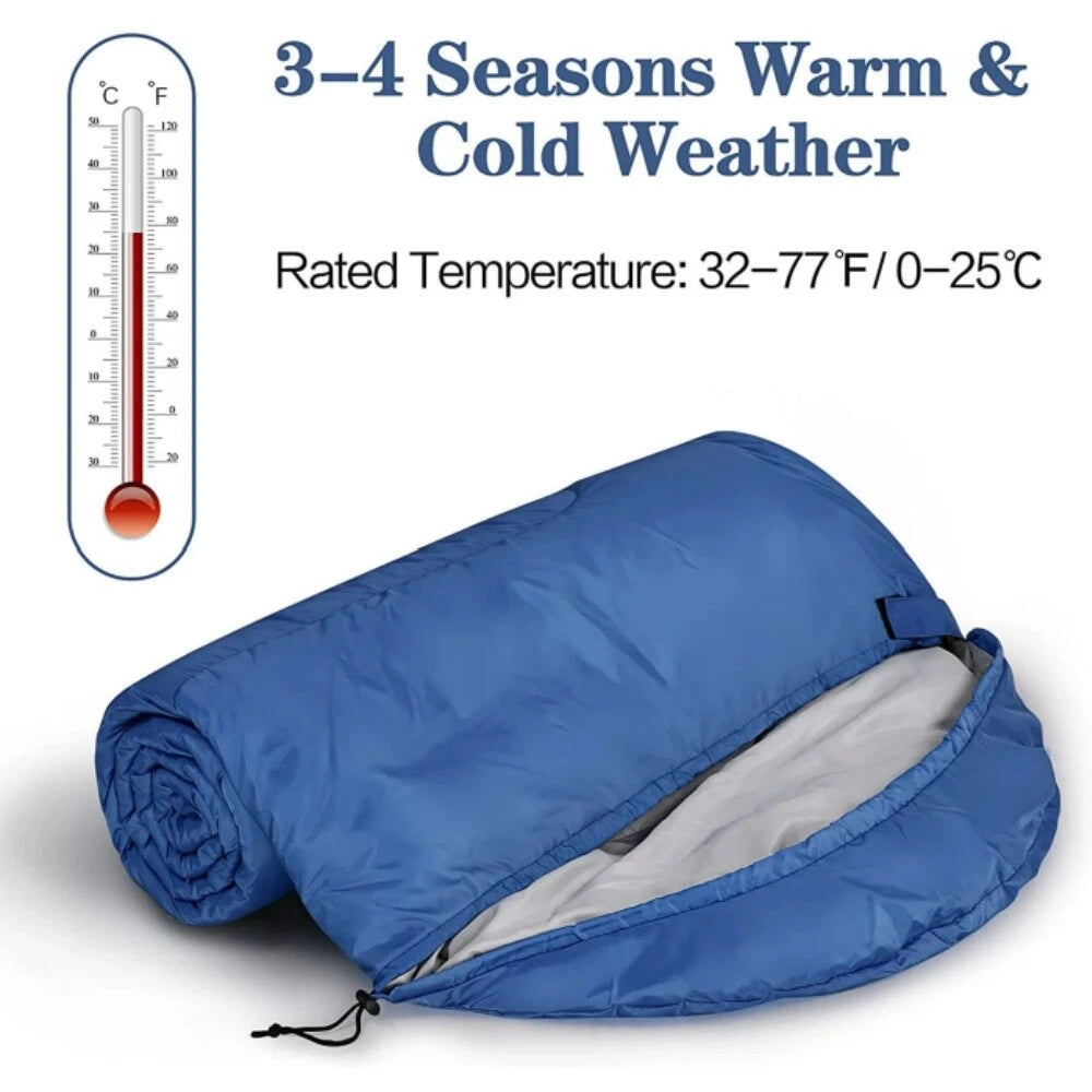 A blue rolled sleeping bag or comforter with a partially unzipped end showing a light gray interior, on a white background with text reading '3-4 Seasons Warm & Cold Weather' and a thermometer graphic.