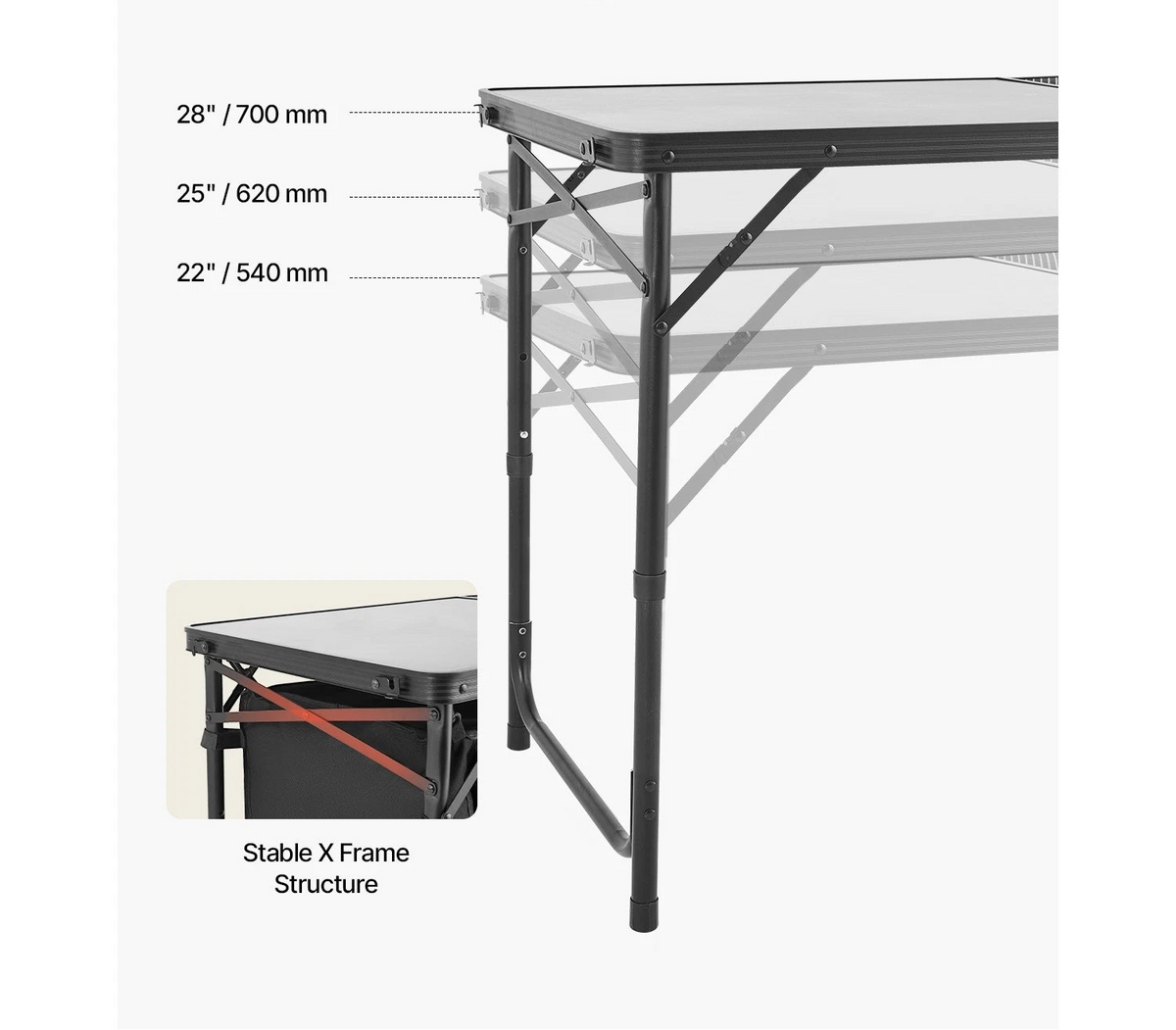 Camping table showing three adjustable heights