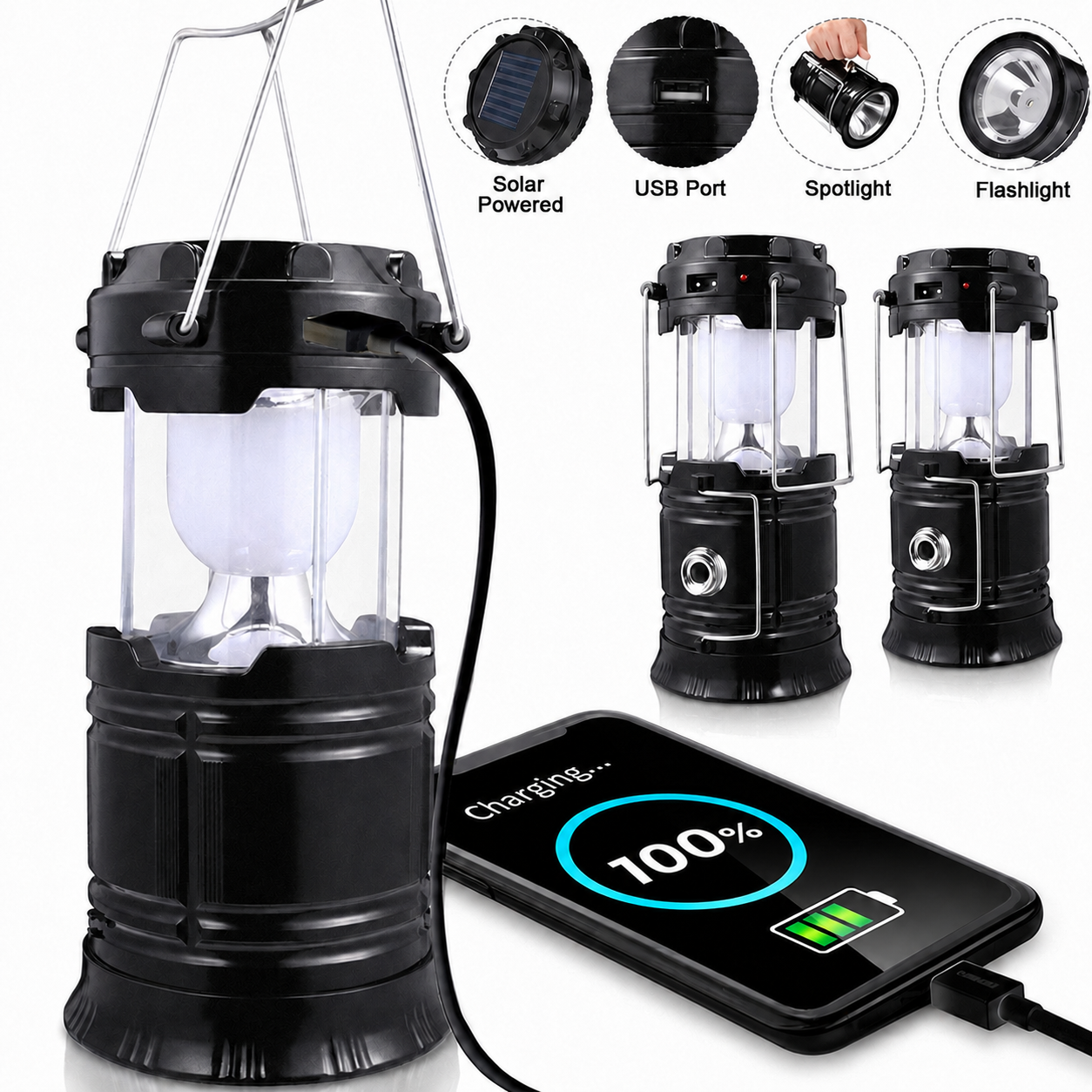 2pcs Solar LED Camping Lantern USB Rechargeable Flashlight