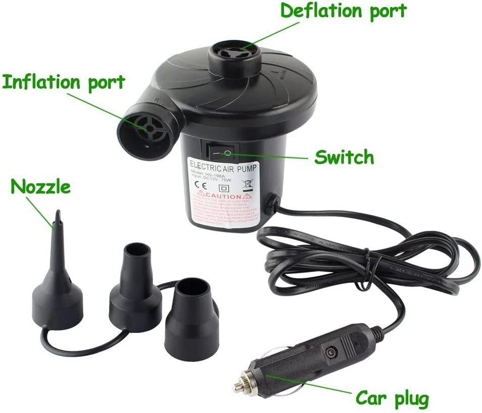Black electric car air pump with labeled parts including deflation port, inflation port, nozzle, switch, and car plug, shown on a white background.