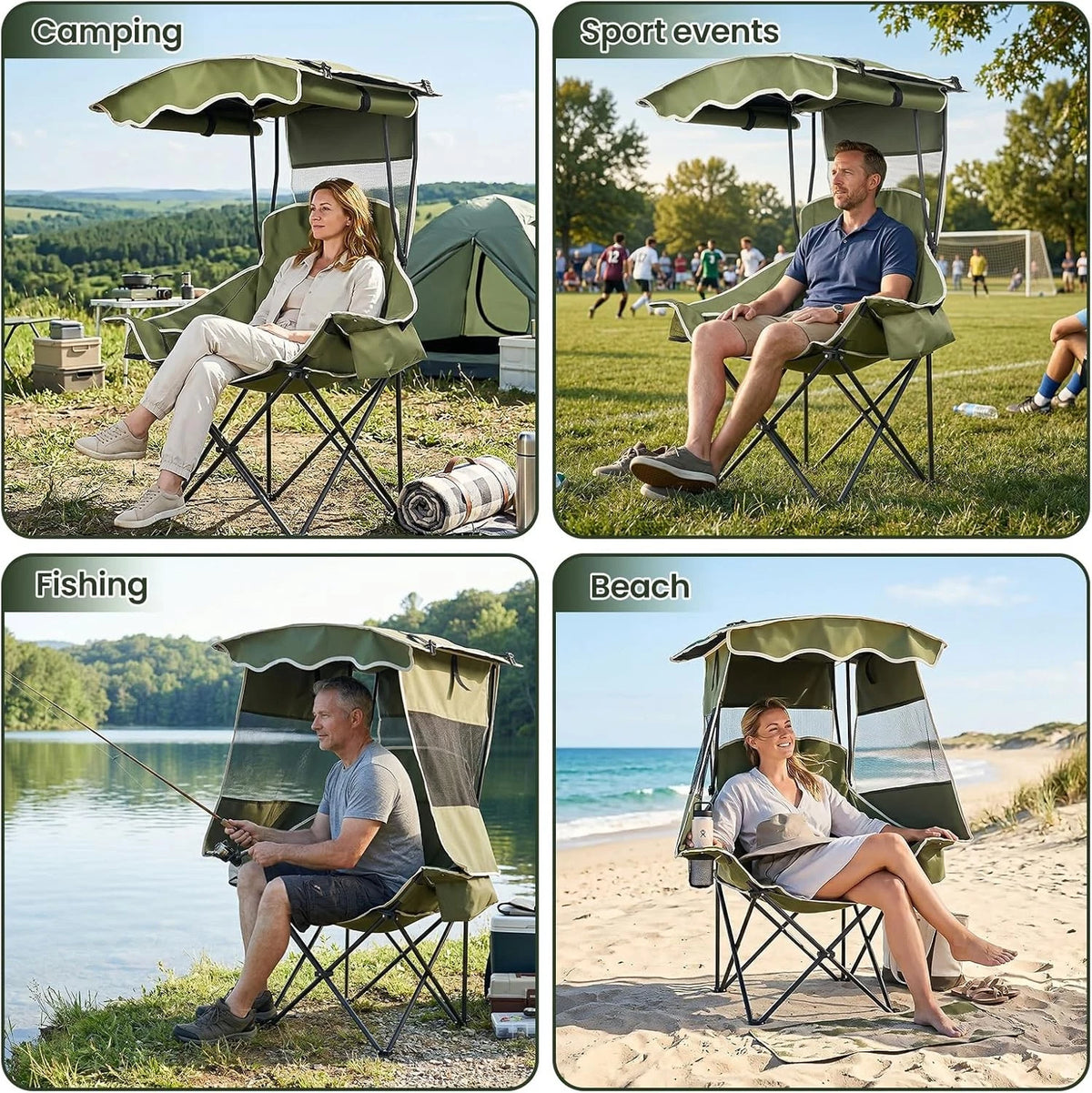 A four-panel collage showing an olive green camping chair with an attached canopy and mesh screen in different outdoor settings: camping by a lake, sport events on a grassy field, fishing by the water, and beach seating near the ocean. Each panel includes a person sitting in the chair, demonstrating its use.