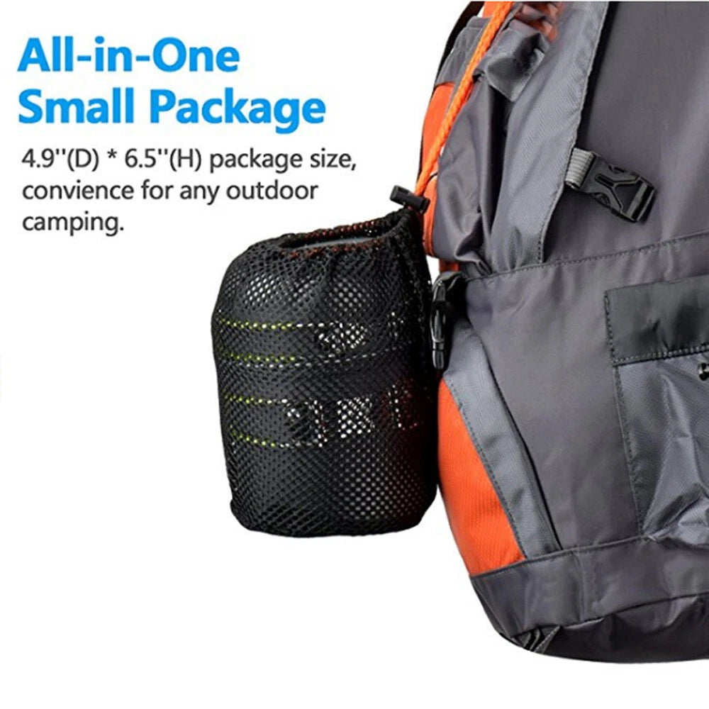A gray and orange backpack shown next to a black mesh small packing bag with text reading 'All-in-One Small Package' and dimensions on a white background.