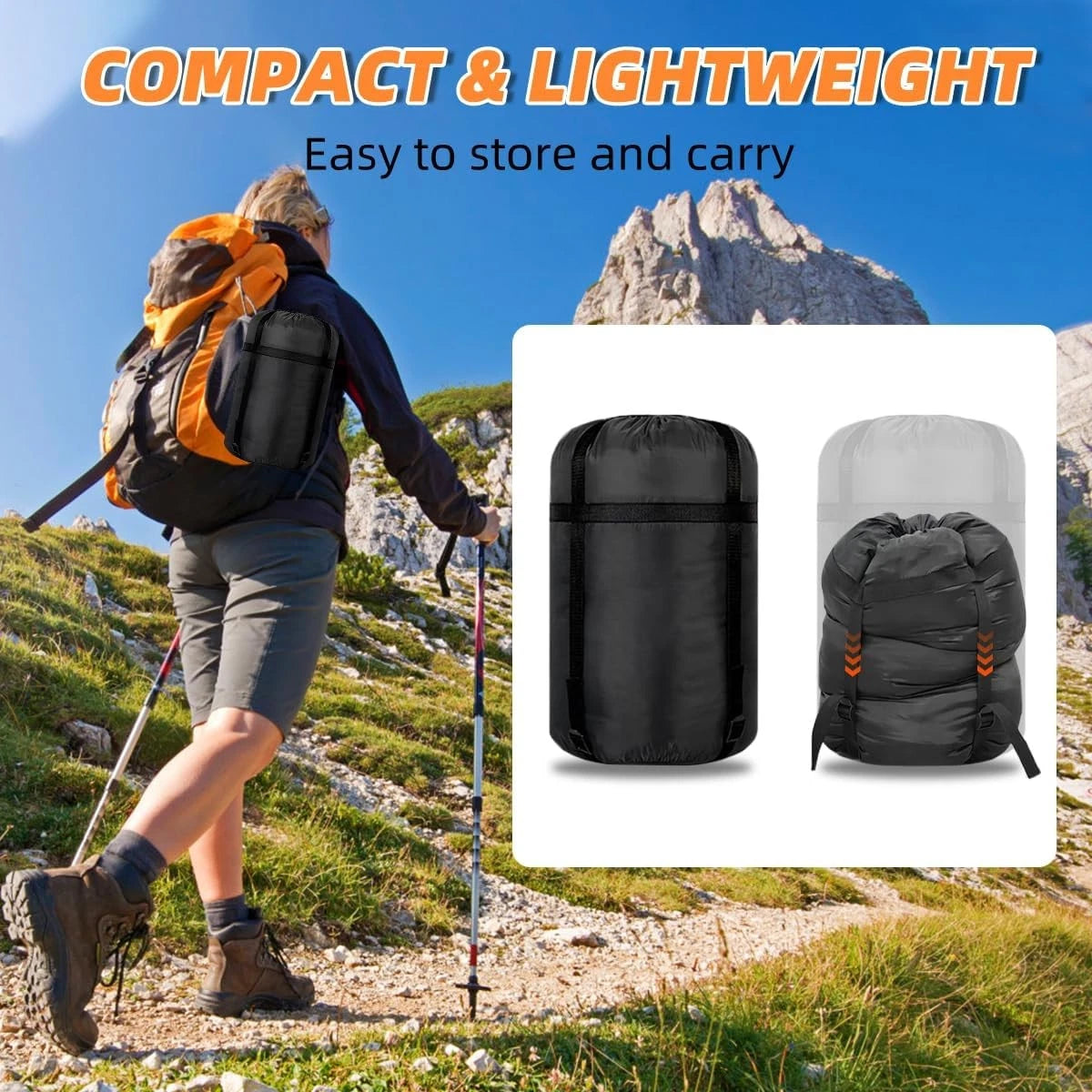 Person hiking with a backpack, showcasing compact and lightweight bags.