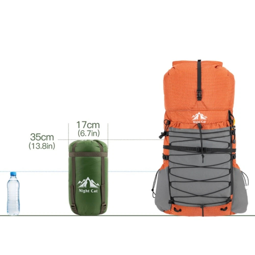 An orange and gray hiking backpack shown next to a green packed sleeping bag with dimension labels and a water bottle for scale on a white background.