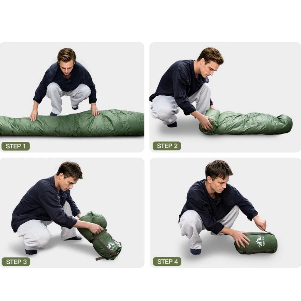 Four-panel instruction diagram showing a man unpacking and collapsing an olive green sleeping bag on a light gray background, with step labels 1 through 4.