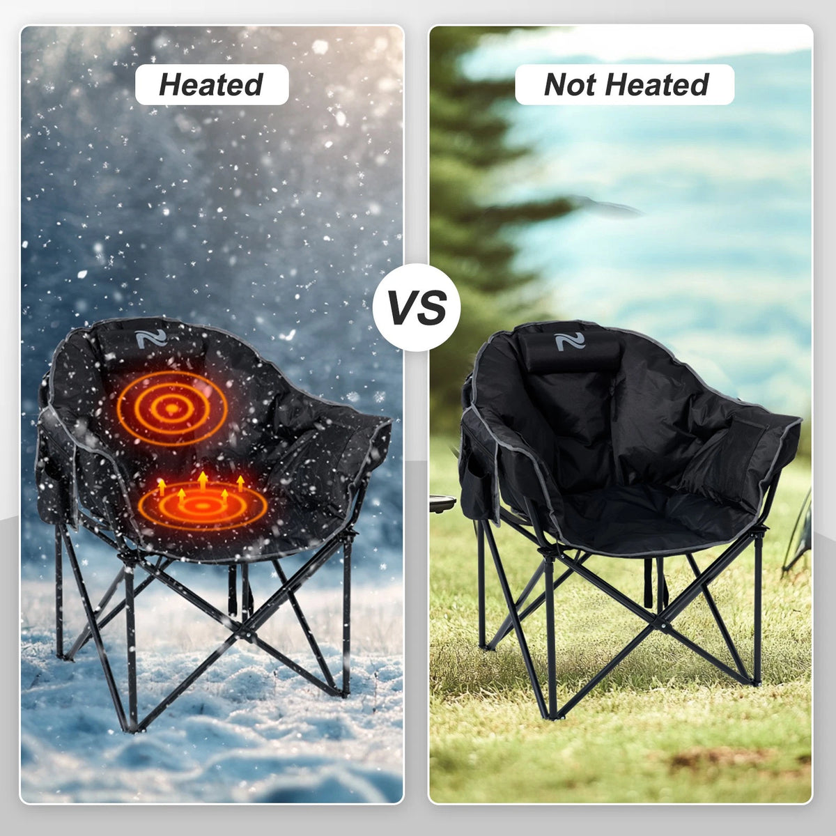 Comparison of heated and not heated camping chairs in winter and summer settings.