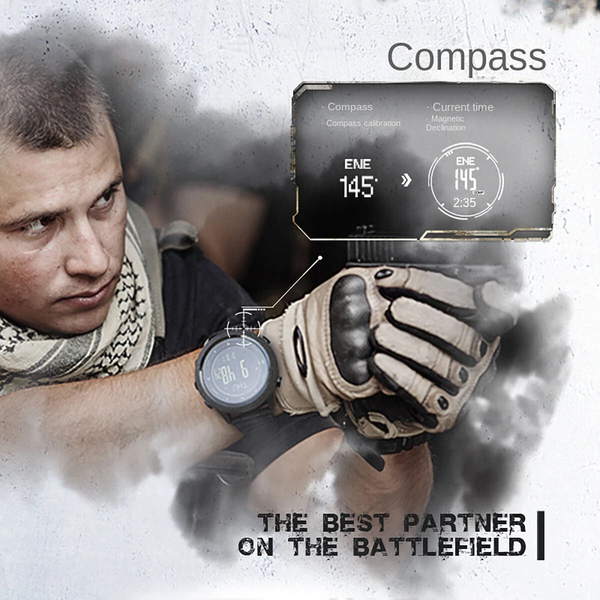 A tactical smartwatch shown on a person's wrist, with a gloved hand nearby and a floating product graphic displaying compass and time information. The scene includes a man in a scarf and smoky graphic effects, with text reading 'Compass' and 'The best partner on the battlefield'.