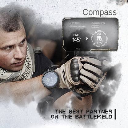 A tactical smartwatch shown on a person's wrist, with a gloved hand nearby and a floating product graphic displaying compass and time information. The scene includes a man in a scarf and smoky graphic effects, with text reading 'Compass' and 'The best partner on the battlefield'.