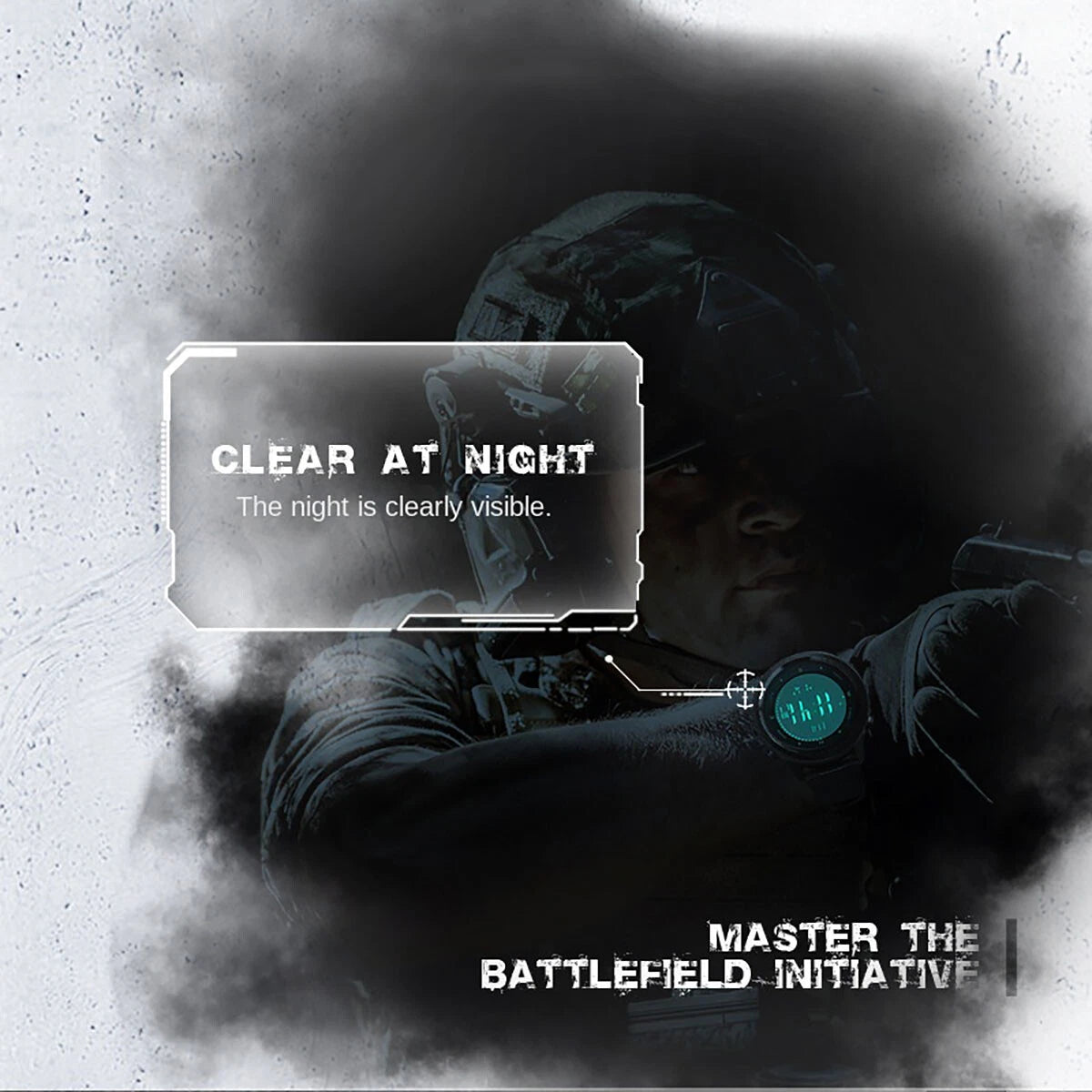 Promotional graphic for a night-vision or tactical gaming product, featuring a soldier in dark tactical gear in low light with a glowing teal watch or visor detail. Text overlays read 'CLEAR AT NIGHT' and 'MASTER THE BATTLEFIELD INITIATIVE' on a smoky gray background.