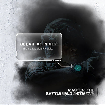 Promotional graphic for a night-vision or tactical gaming product, featuring a soldier in dark tactical gear in low light with a glowing teal watch or visor detail. Text overlays read 'CLEAR AT NIGHT' and 'MASTER THE BATTLEFIELD INITIATIVE' on a smoky gray background.