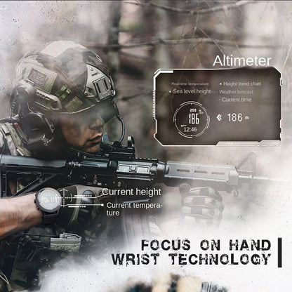 A smartphone app-style altimeter interface shown over a tactical soldier in a forest, with text reading 'Altimeter' and 'FOCUS ON HAND WRIST TECHNOLOGY |'. The screen displays temperature, sea level height, weather forecast, and current height.