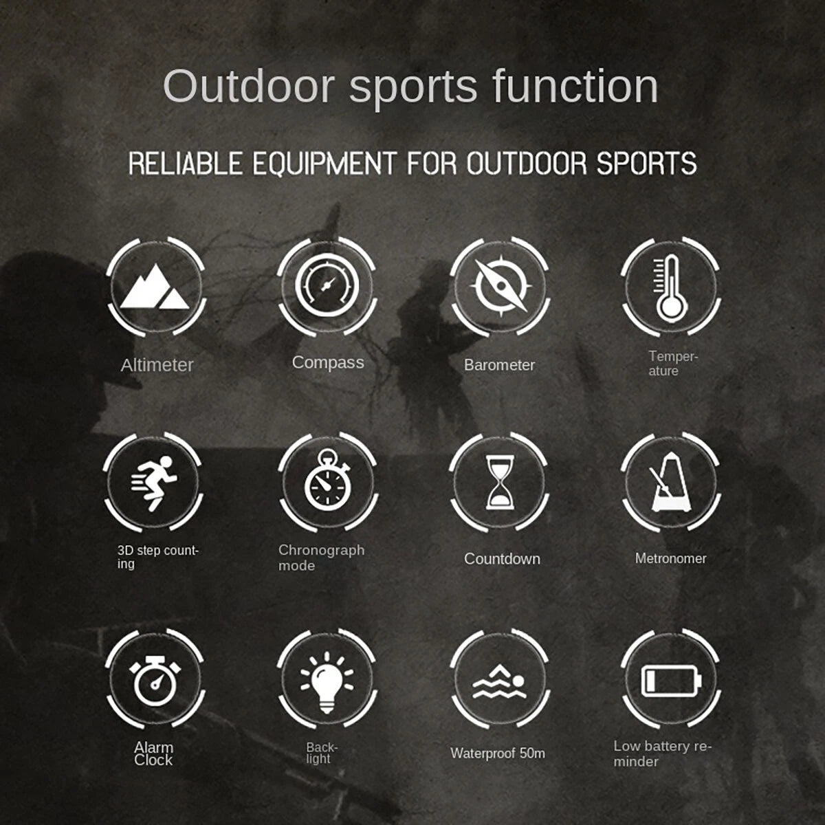 Outdoor sports function graphic with white icons and text on a dark textured background, showing features like altimeter, compass, barometer, temperature, 3D step counting, chronograph mode, countdown, metronome, alarm clock, back light, waterproof 50m, and low battery reminder.