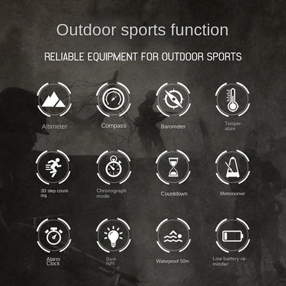 Outdoor sports function graphic with white icons and text on a dark textured background, showing features like altimeter, compass, barometer, temperature, 3D step counting, chronograph mode, countdown, metronome, alarm clock, back light, waterproof 50m, and low battery reminder.