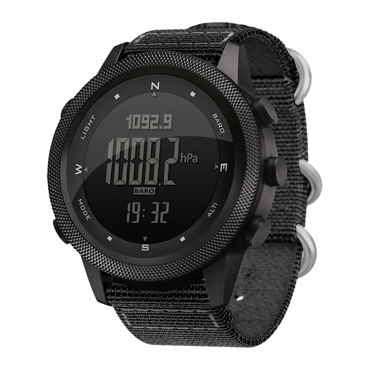 A rugged black digital sports watch with a textured bezel, black fabric strap, and silver metal side buttons, shown on a plain white background.