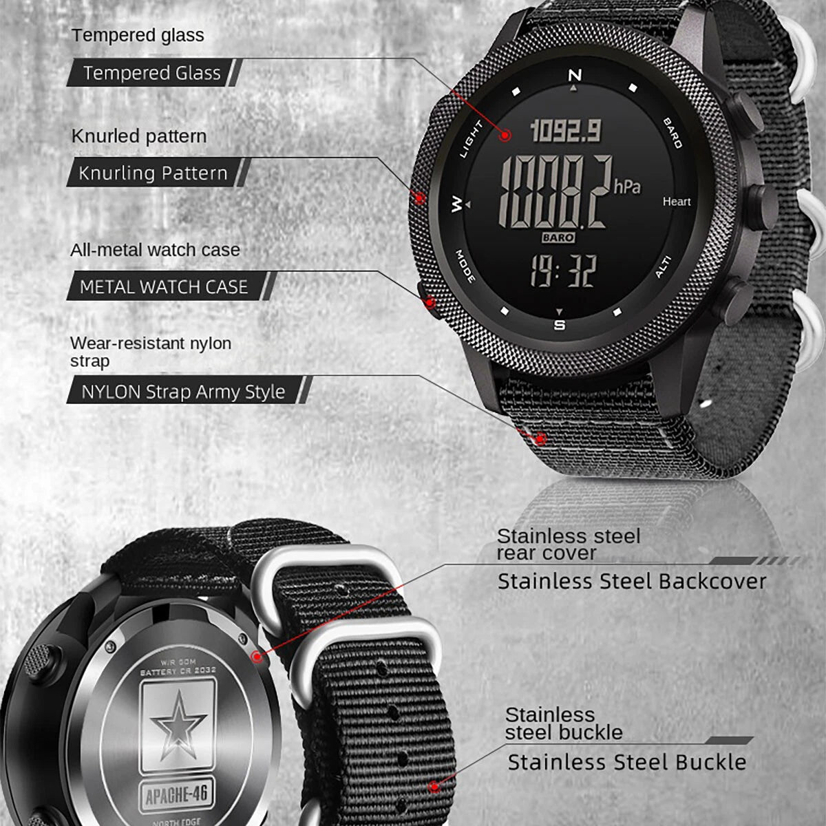 A rugged black tactical-style watch with a knurled bezel, black digital display, and black nylon strap, shown on a textured gray background with callout labels pointing to features such as tempered glass, knurled pattern, metal case, nylon strap, stainless steel backcover, and stainless steel buckle.