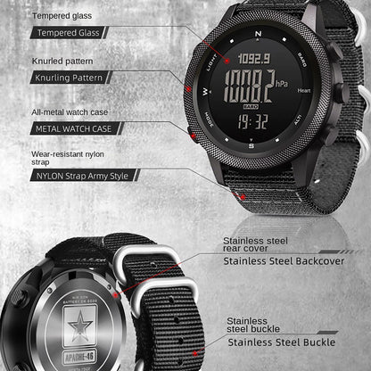 A rugged black tactical-style watch with a knurled bezel, black digital display, and black nylon strap, shown on a textured gray background with callout labels pointing to features such as tempered glass, knurled pattern, metal case, nylon strap, stainless steel backcover, and stainless steel buckle.