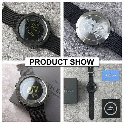 A four-panel collage showing a North Edge brand digital watch from multiple angles, including front, back, and side views, along with its box and accessories on a textured gray background.