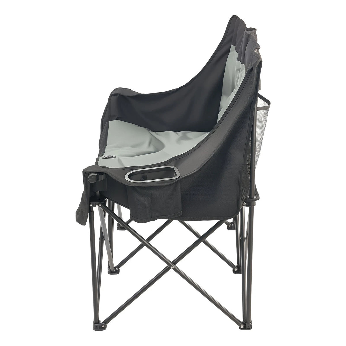 Black camping chair with canopy on a white background