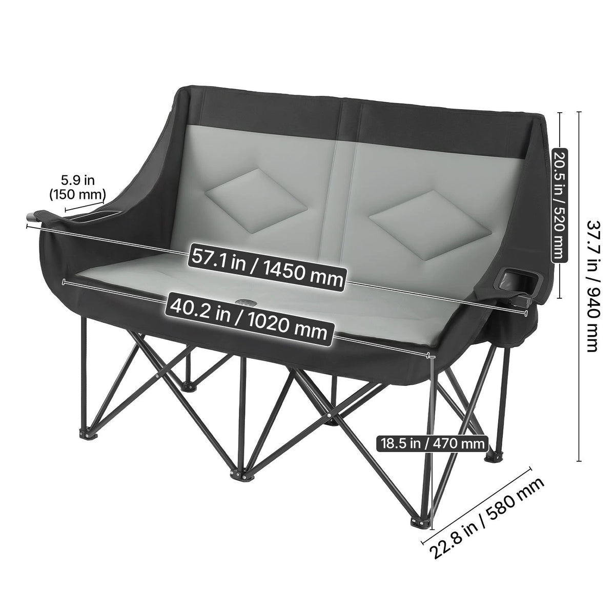 Measurement chart of a folding chair with dimensions labeled