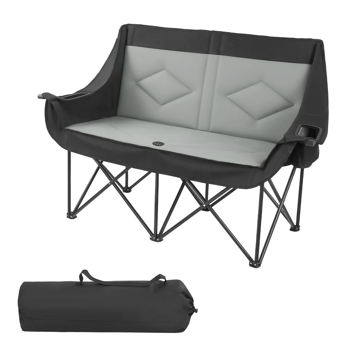 Foldable camping chair with gray cushion and black frame, accompanied by a carrying bag on a white background.