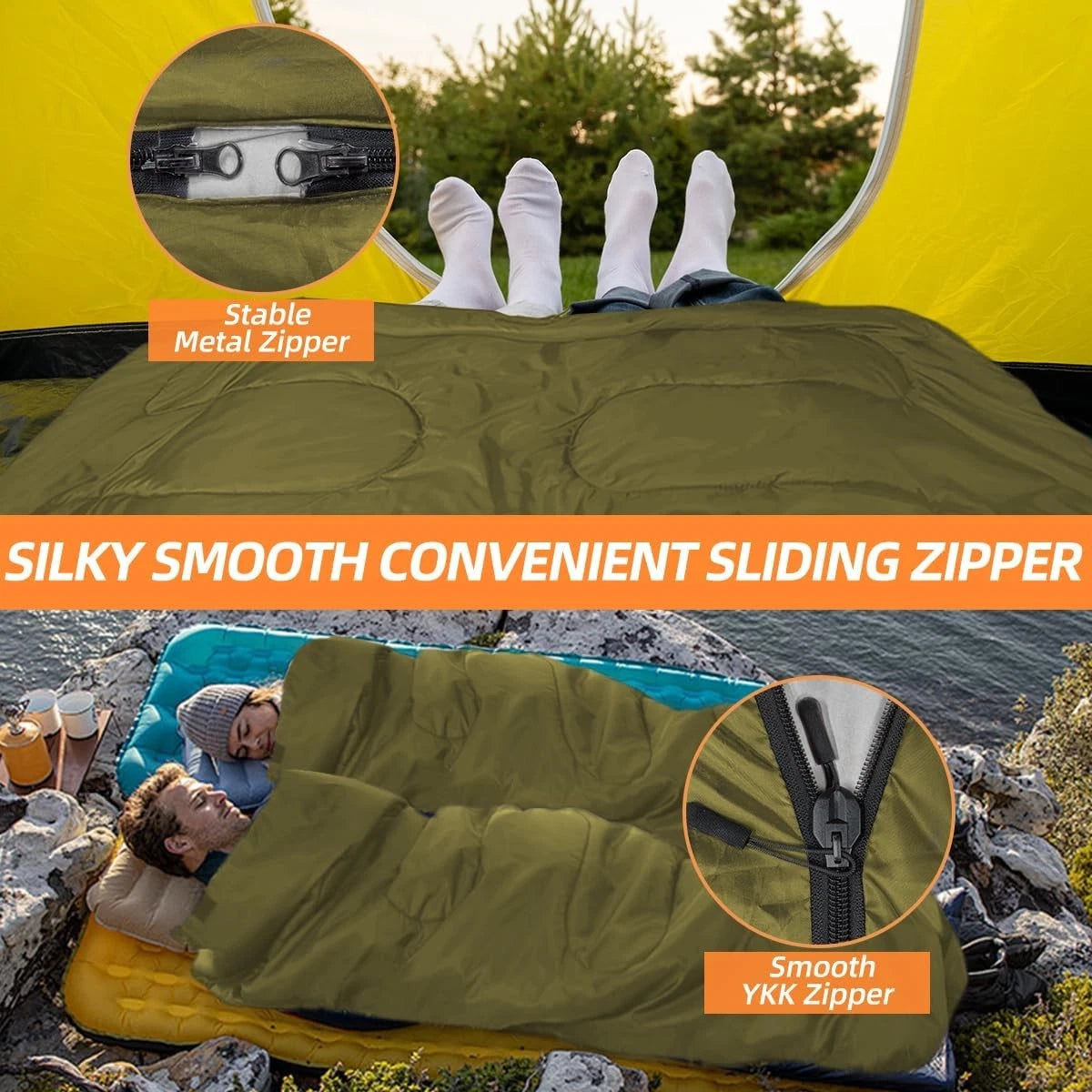 Green sleeping bag with sliding zipper on a camping scene, featuring close-ups of the zipper.