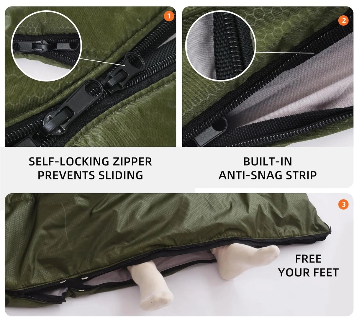 Green sleeping bag with self-locking zipper and anti-snag strip features.