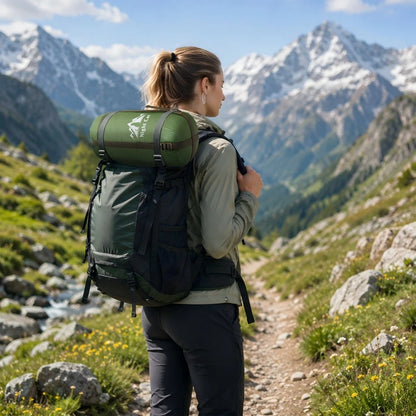 A woman hiking on a mountain trail wearing a large black and green backpack with a green sleeping bag attached, set against a backdrop of snow-capped peaks.