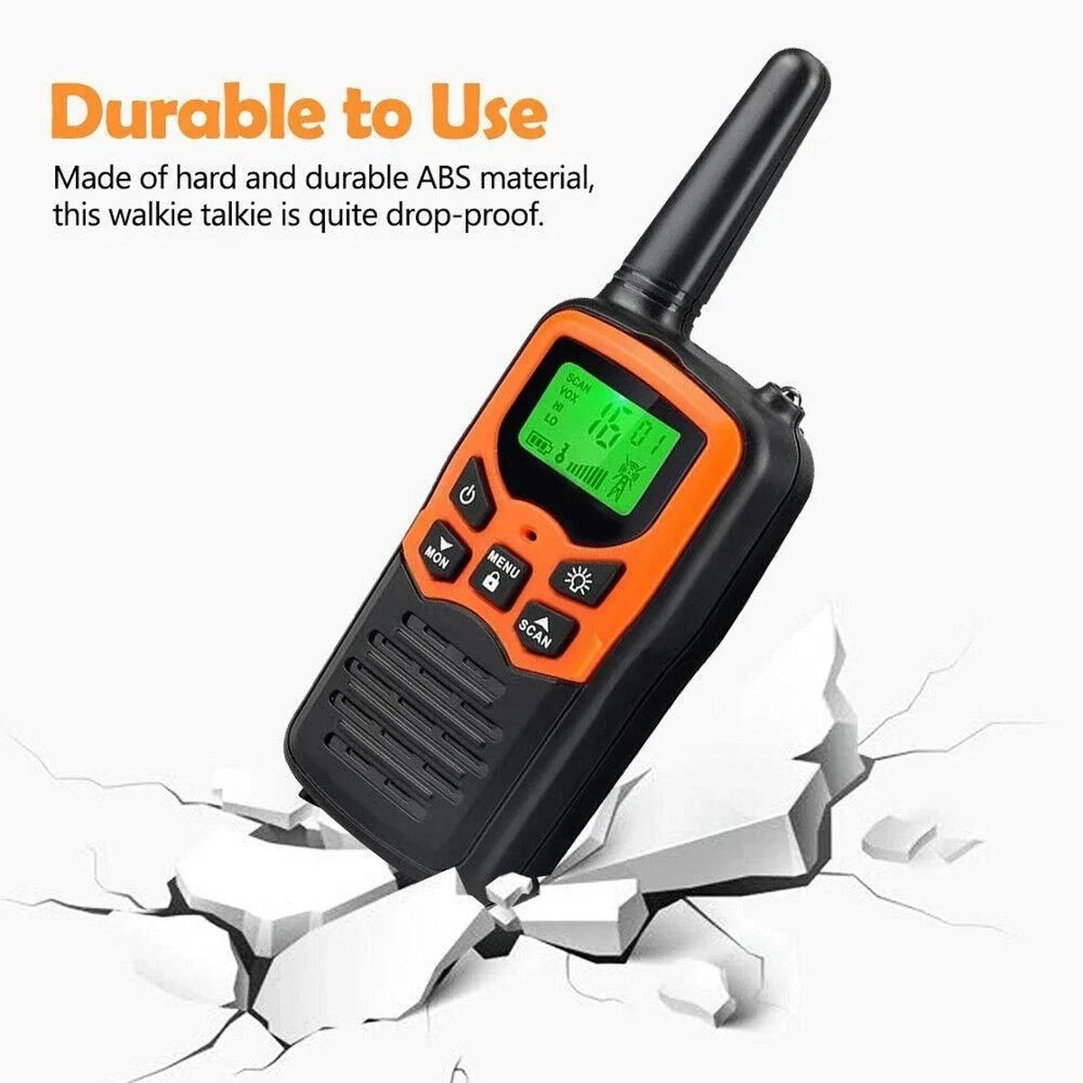 Orange and black walkie talkie with durability text on a white background