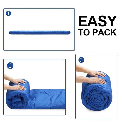 Step-by-step guide on how to pack a blue sleeping bag neatly.