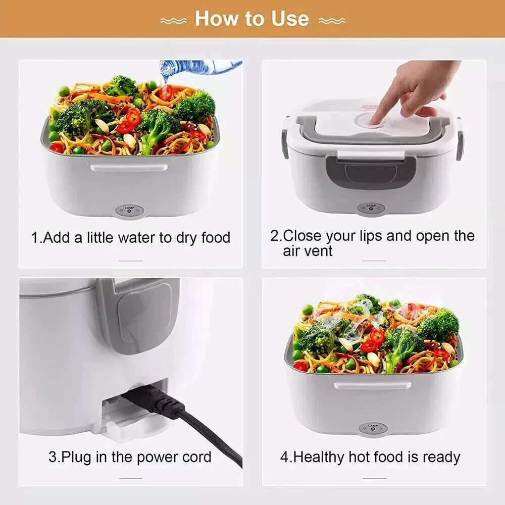 Electric heated lunch box instructions showing food preparation, steam vent, power connection, and heated meal
