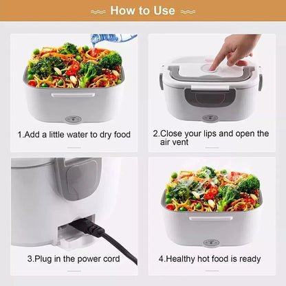 Electric heated lunch box instructions showing food preparation, steam vent, power connection, and heated meal