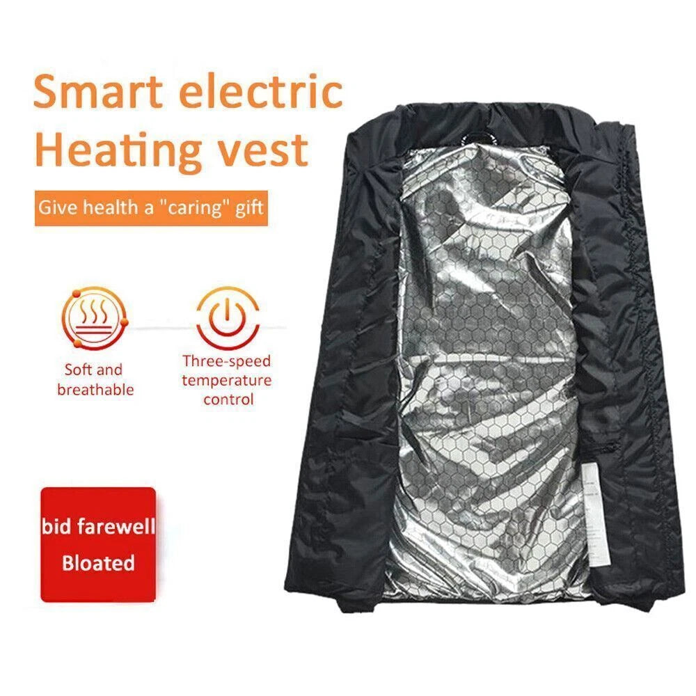 Smart electric heating vest with features highlighted on a white background