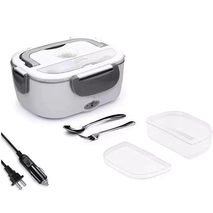 Electric heated lunch box with spoon, fork, removable container, fruit box, and car and wall power cords