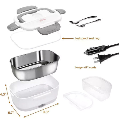 Electric lunch box parts showing leak-resistant sealing ring, stainless steel container, power cords, and dimensions
