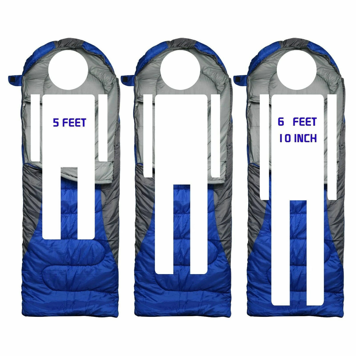 Three sleeping bag side-view diagrams on a white background, labeled 5 feet, 6 feet, and 10 inch, with white silhouette overlays showing fit measurements.