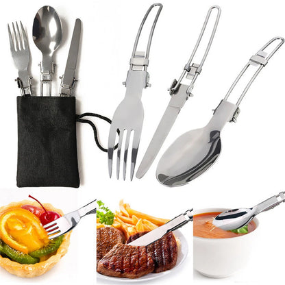 Set of silver cutlery with a black pouch on a white background, surrounded by images of meals.