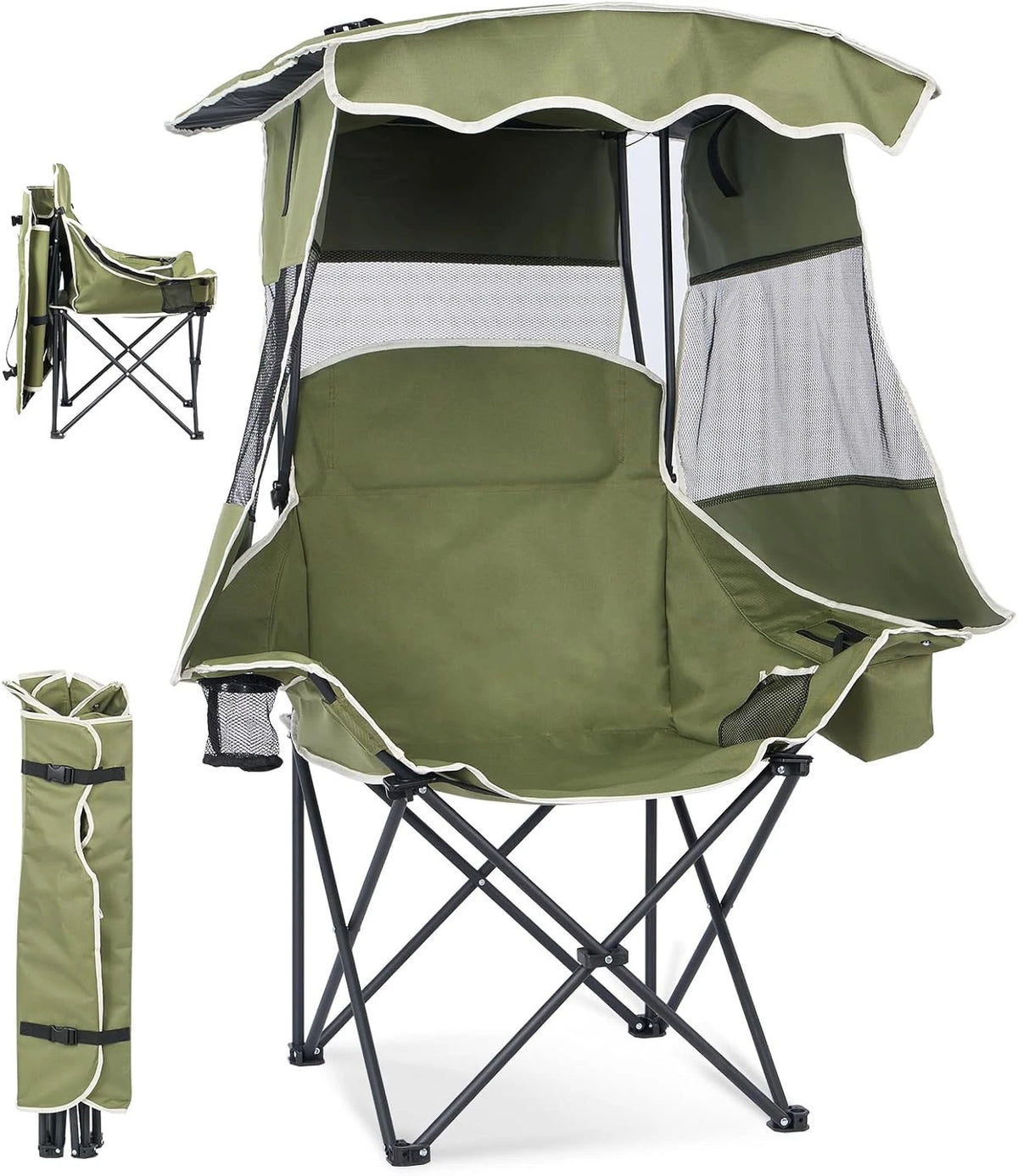 An olive green folding camp chair with an attached canopy and mesh side panels, shown on a white background with a small inset of the folded chair and another inset showing the chair folded up for storage.
