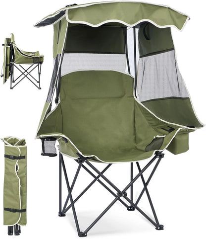 An olive green folding camp chair with an attached canopy and mesh side panels, shown on a white background with a small inset of the folded chair and another inset showing the chair folded up for storage.