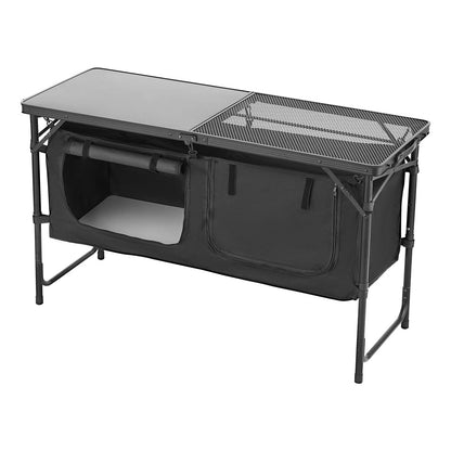 Black outdoor folding table with mesh top on a white background