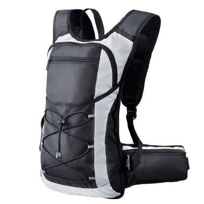 Gray and black backpack with a water bottle holder on a white background